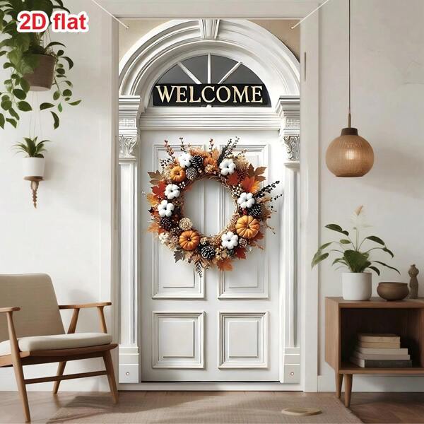 1 pièce Couronne d'automne citrouille, 71x35 pouces, décoration de porte d'accueil de récolte de pomme de pin en coton polyester, thème de Thanksgiving, multi-usage intérieur/extérieur, sans pile, convient pour la maison et les fêtes