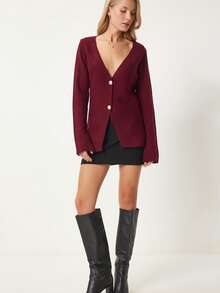 Solid Color Casual Front Button Ribbed Buttons - Burgundy - View 2