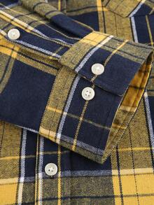 1 件男士格子纽扣连帽常规版型长袖衬衫，带双胸袋，休闲户外衬衫，秋季 - 黃色 - 查看 5