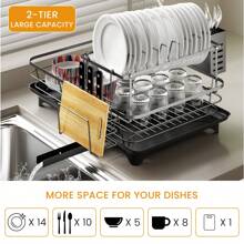 New 2-Tier Dish Drying Rack - Foldable Kitchen Countertop Drain Rack With Drying Board, Dish Hooks, And Cup Holders, Large Capacity Bowl, Plate, And Pot Storage Rack, Durable And Sturdy, Efficient Plate Drying System, Space-Saving Black And White