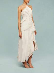 Y2k Ruffle Long Dress For Women Halter Backless Irregular Hem Ruched Boho Maxi Dress - Trắng ngà - Xem 2
