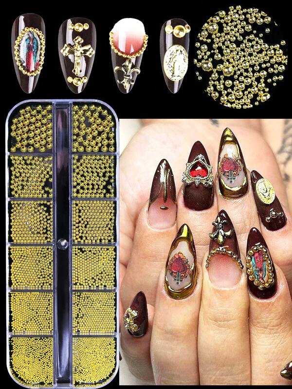 Une boîte de 6 décorations d'art pour ongles en boules d'acier 3D, avec des mini boules d'acier dorées mélangées à des boules rondes grandes et petites. Accessoires de conception d'ongles DIY, bijoux décoratifs, ongles charmants, pierres précieuses et fournitures pour ongles
