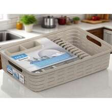 Escurridor de Platos con Bandeja y Cesta de Almacenaje - Set de 3 Piezas - Colores: Beige, Verde, Azul Grisáceo, Gris Oscuro, Marrón Taupe - Beis - Ver 3