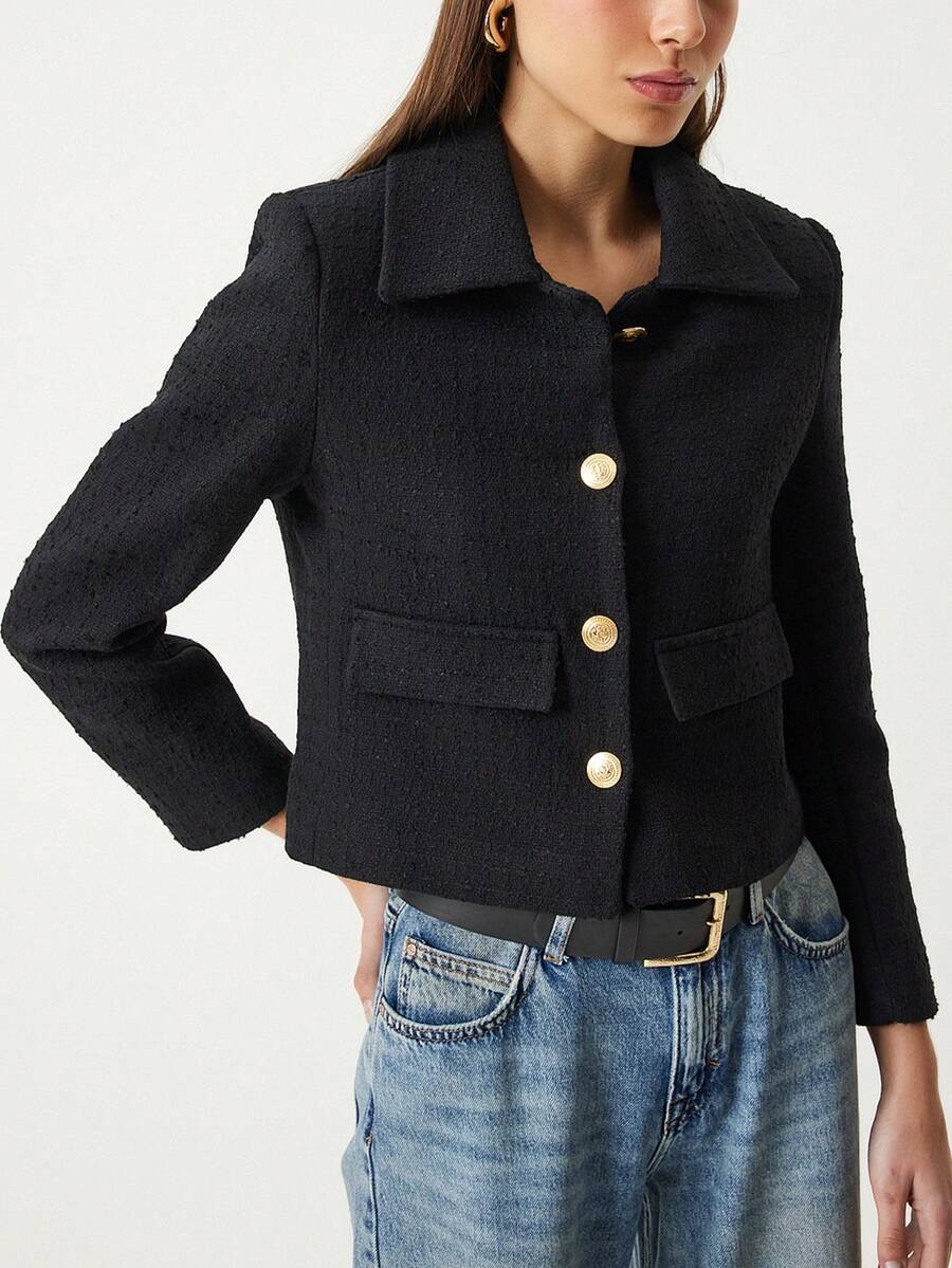 Solid Color Elegant Casual Pocket Front Button Zip Up Long Sleeve Jacket - Black - View 1