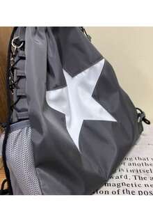 Y2K Cute Girly Star Design Backpack For Female Students, Back To School Drawstring Versatile Durable Bookbag Suitable For College & High School - Grey - View 3