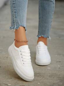 Women's Fashion Ins-Style Flat Platform Shoes, Lace-Up Low-Top Striped Pattern Casual Sneakers, Suitable For Campus, Student, Daily Commute, Outdoor And Other Occasions