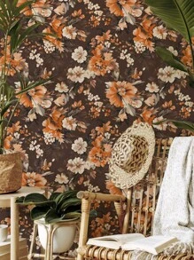 1卷 1米/3米/5米 复古棕色花朵叶子乡村风格墙面装饰墙纸可剥离自粘式接触纸乙烯基壁纸 DIY 家居装饰房间背景卧室厨房客厅浴室柜桌椅家具翻新覆盖纸