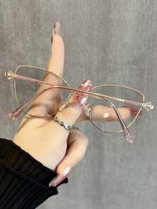 1pc New Metal Color Changing Glasses, 2-In-1 Cat Eye Fashion Decorative High Quality Spring Leg Glasses, Outdoor Eyeglasses & Indoor Clear Glasses - Gold Dot Powder - View 4