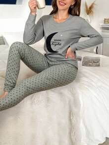 Mirano Slogan Print Short Sleeve Top & Cherry Pattern Long Pants Pajama Set - Grey - View 4