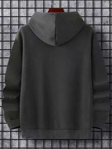 男士休闲波士顿印花宽松口袋连帽卫衣，秋冬季舒适运动服之选，长袖上衣 - 深灰色 - 查看 7