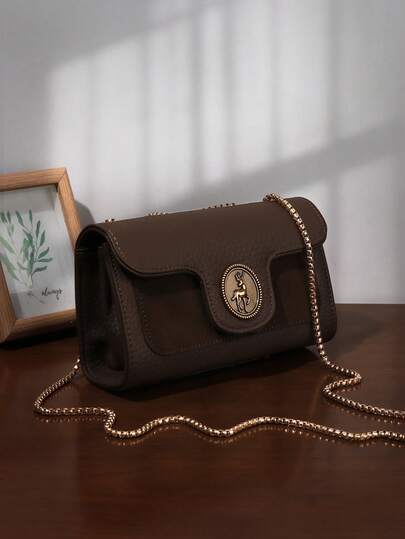 复古时尚女士单肩包，优雅链条斜挎包，纹理皮革小手机袋