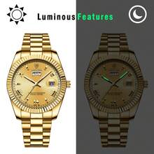 JEWELRYWE Elegant Men's Formal Watch, Analog Quartz Wristwatch, Stainless Steel Strap, Round Case, Calendar, Date, Luminous, Roman Numeral Scale, Suitable For Daily Casual Business Wear, Father's Day Birthday Anniversary Christmas Gift - 金色-白色 - 查看 7