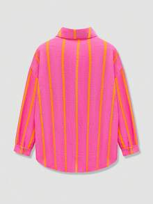 Women's Oversized Striped Boyfriend Shirt, Front Short Back Long Button Down Casual Blouse Top, Suitable For Spring, Summer, Autumn