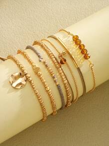 5pcs/Set Fashionable & Versatile Rice Pearl Bead Round Pendant Stacked Bracelets, Suitable For Women Summer Beach Vacation Daily Accessories