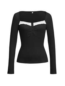 Sunny Girl Style Spring Valentine's Day Women's, Black Fitted Long Sleeve Square Neck Top With Lace Trim Collar, Sweet Casual Minimalist Campus Style - Black - View 4