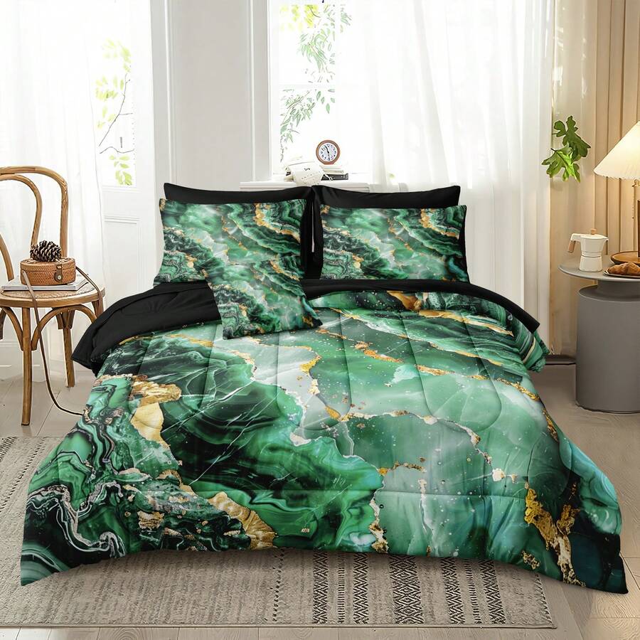 8 Pcs Green Gold Marble Comforter Set Queen King Size Comforter With Sheets Emerald Green King Bed In A Bag Aesthetic Decor Abstract Marble Bedding Set With 1 Comforter 4 Pillowcases 1 Flat Sheet 1 Fitted Sheet 1 Cushion Cover - Green - View 1