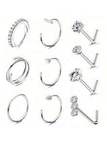 Conjunto de 10 peças de argolas de nariz em formato de L, 20g, douradas, piercing de nariz feminino, argola de nariz, aço inoxidável 316L, argolas de nariz em formato de L, parafuso de argola de nariz, pacote de prata para mulheres e homens, piercing de lábio, conjunto de joias de piercing corporal feminino, argolas de nariz para mulheres, piercing de nariz, joias de septo, piercings falsos, pino de nariz, piercing falso - 10 peças/conjunto - Ver 1
