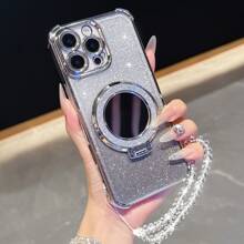 Nuevo estuche antichoque de 4 esquinas para teléfono + cuerda colgante con perlas rosas brillantes + espejo de maquillaje circular rosa brillante con soporte magnético integrado compatible con iPhone 6/7/8/X/XS/XR/11/12/13/14/15/16, Galaxy S22/23/24, A04/05/06/A14/A15/A16/A24/A25/A34, Redmi Note 7/8/9/10/11/12/13, Redmi 9/10/12/13C, OPPO, MOTO, Honor X, HW, Realme C53 C55