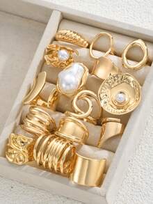 15 件/14 件/7 件/3 件时尚简约优雅精致复古设计不对称液体几何夸张粗戒指套装，适合节日、派对、约会、礼物、日常佩戴 - 金黃色 - 查看 11