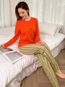 Mirano Slogan Print Short Sleeve Top & Cherry Pattern Long Pants Pajama Set - Orange - View 4