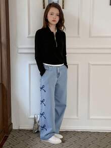 DAZY Tween 女童蝴蝶印花宽腿宽松休闲百搭牛仔裤 - 淺色水洗藍 - 查看 6