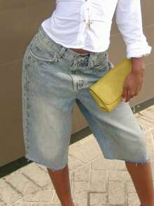 Women's Casual Denim Shorts With Beaded Pockets And Straight Leg Design, Suitable For Halloween Party - Blue - View 3