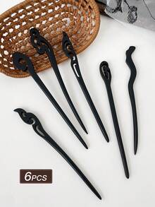 6pcs Women's Black Elegant Minimalist Wooden Hair Clips, Suitable For Daily Use, Recommended As Gift Hair Accessories, Bun Extension, Hair Bun Maker, Bun Hair Piece, Hair Styling Pins, Pins For Hair, Bobby Pins, Hairpin - 黑色 - 查看 4