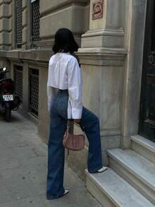 Jeans casuales de moda para mujer con bolsillos, botones y abertura lateral en la pierna ancha - Azul - Ver 5