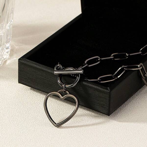 1pc Black Heart Pendant Necklace, European And American Style