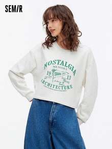 SEMIR Women's Cropped American Retro Letter Print Sweatshirt Fall Loose College Style Casual Top Petite Fit - Light Grey - View 1