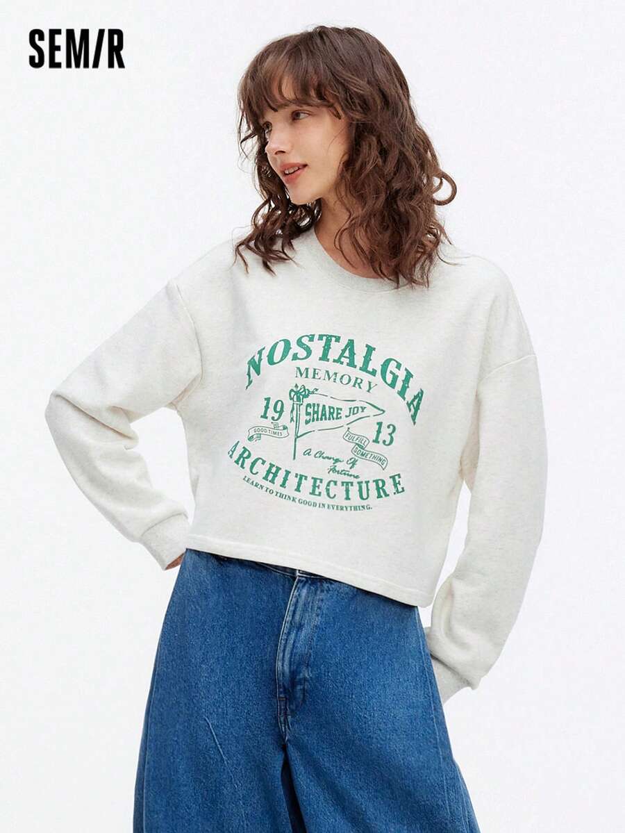 SEMIR Women's Cropped American Retro Letter Print Sweatshirt Fall Loose College Style Casual Top Petite Fit - Light Grey - View 1