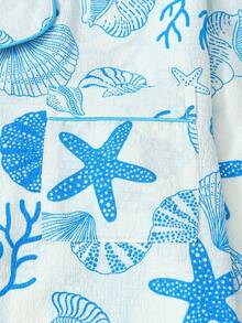 Set de pijamale 2 buc pentru femei cu imprimeu de scoici și stele de mare, top și pantaloni cu guler cu nasturi și mânecă lungă, pijamale casual pentru casă, costum de toamnă/iarnă, haine de toamnă