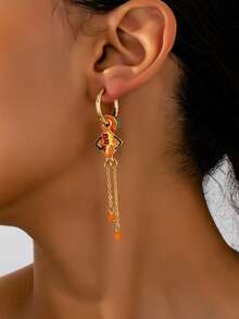 1 Pair New Chinese Style Geometric Circle & Square Long Tassel Earrings, Versatile Luxury Party Gift Earrings For Women - Orange - View 2