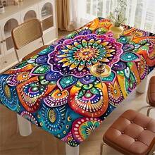 1pc Bohemian Mandala Tablecloth - Vibrant Multicolor Rectangular Polyester Fabric, Suitable For Restaurant, Kitchen, Picnic Decor And Gifts, Durable Woven Decorative Tablecloth, Kitchen Dining Table Accessory, Woven Textile - Multicolor - View 6