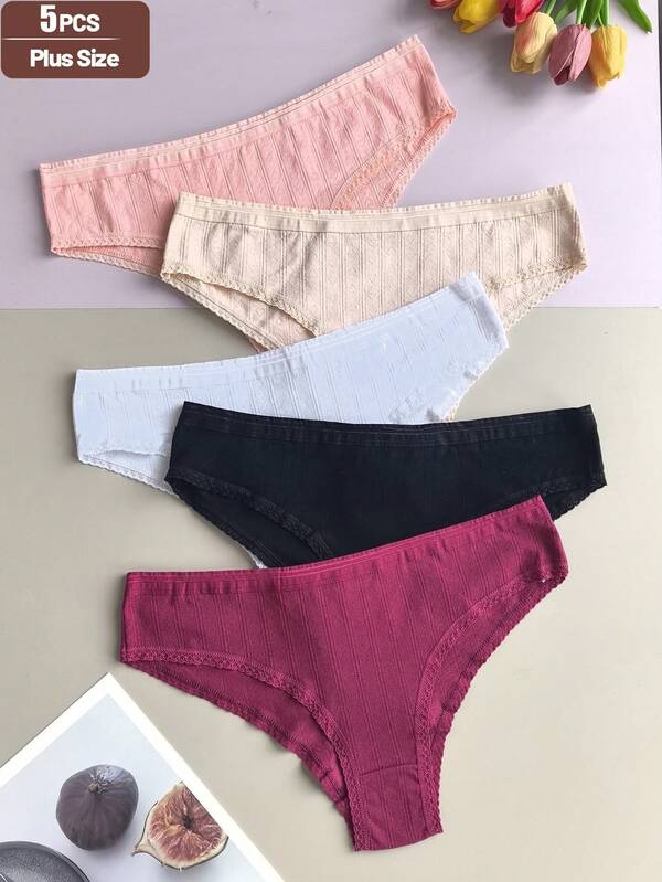Paquete de 5 bragas de talla grande para mujer de unicolor, de cintura media, cómodas, ajustadas y con parches de encaje de moda