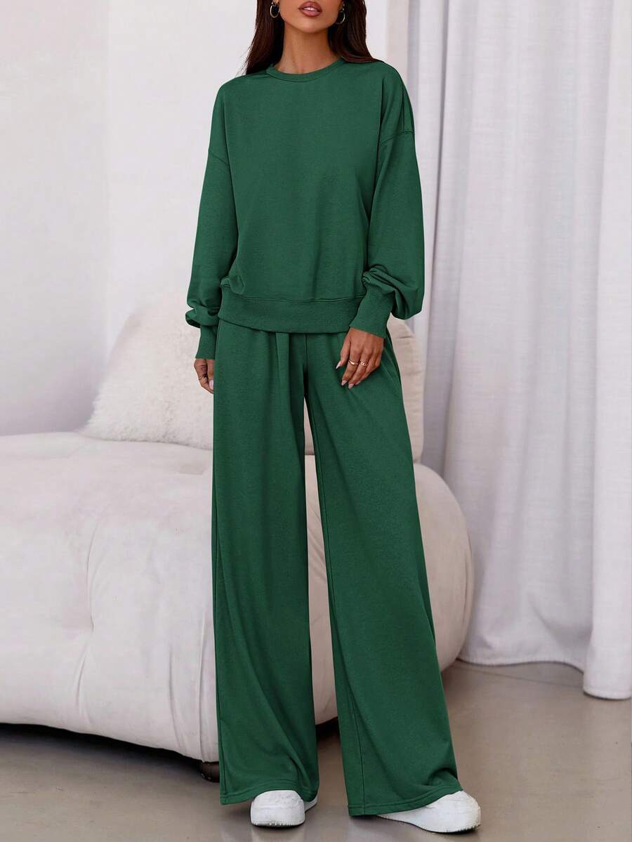 Womens 2 Piece Sets Long Sleeve Sweatshirt Wide Leg Pants Loose Matching Lounge Set Fall Outfits - Màu xanh lá cây đậm - Xem 1
