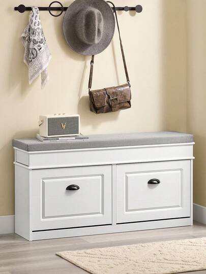 SoBuy Shoe Bench With Seat And 2 Flaps, Narrow Shoe Cabinet With Seat And Shoe Rack, Space-Saving, Shoe Storage For Hallways And Small Rooms, 104 X 51 X 24 Cm, White Vintage Wood Grain Effect, FSR64-WG