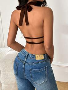 女士夏季露背吊带缎面上衣，棕色，时尚性感，适合情人节、约会、聚会、派对、旅行、度假、海滩等场合。