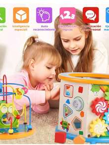 Cubo de actividades de madera, 8 en 1 juguetes para niños y niñas mayores de 1 año, juguetes educativos de aprendizaje para niños de 1 y 2 años, multiusos ABC-123 Ábaco, laberinto de cuentas, clasificador de formas - Multicolor - Ver 3