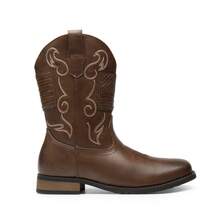 Men's Cowboy Boots Western Fashion Round Toe Slip On Chunky Heel Waterproof Classic Mid Calf Boots - 棕色 - 查看 6