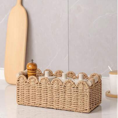 1个编织收纳篮，扇形边缘设计，手持式收纳篮，适用于马桶水箱顶架、浴室、客厅、卧室、梳妆台、家居装饰、浴室配件、桌面收纳整理、礼品篮、情人节装饰收纳架