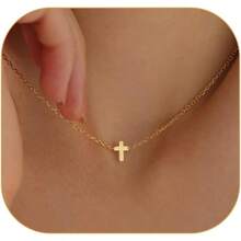 Gold Necklace Women, 14K Gold Plated Charm Box Chain Choker Dainty, Christian Religious Faith Small Pendant Necklace Non Tarnish - 交叉電纜鏈 - 查看 1