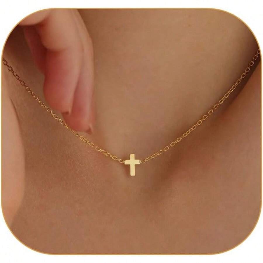 Gold Necklace Women, 14K Gold Plated Charm Box Chain Choker Dainty, Christian Religious Faith Small Pendant Necklace Non Tarnish - 交叉電纜鏈 - 查看 1