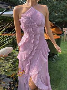 Women's Boho Halter Backless Maxi Dress Sleeveless High Waist Ruffled Party Prom Evening Dresses - 紫色 - 查看 3