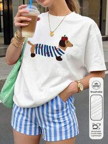 女式夏季大码苹果狗图案印花休闲简约宽松日常圆领短袖T恤上衣女式夏季大码日常街头风格上衣可爱T恤女式夏季上衣图案T恤女式上衣女式大码上衣 - 白色 - 查看 1