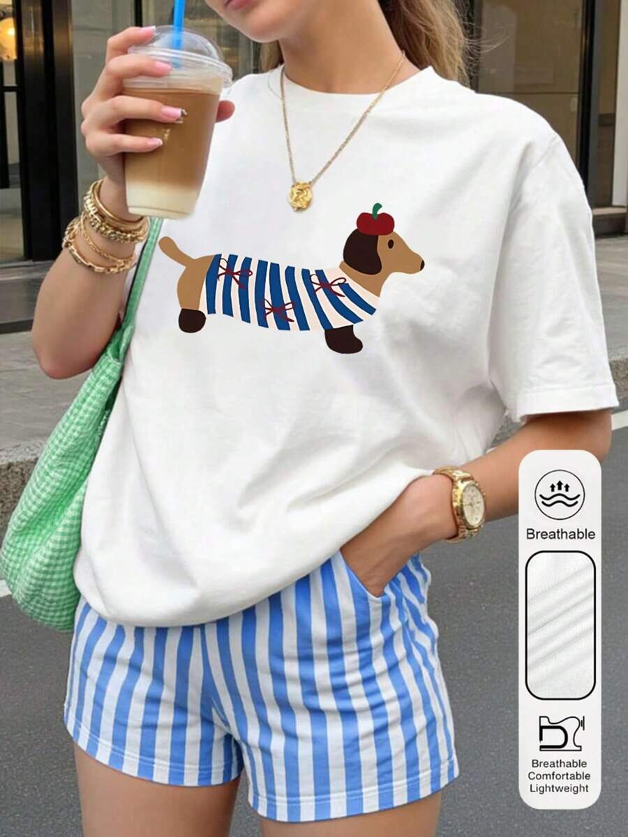 女式夏季大码苹果狗图案印花休闲简约宽松日常圆领短袖T恤上衣女式夏季大码日常街头风格上衣可爱T恤女式夏季上衣图案T恤女式上衣女式大码上衣 - 白色 - 查看 1