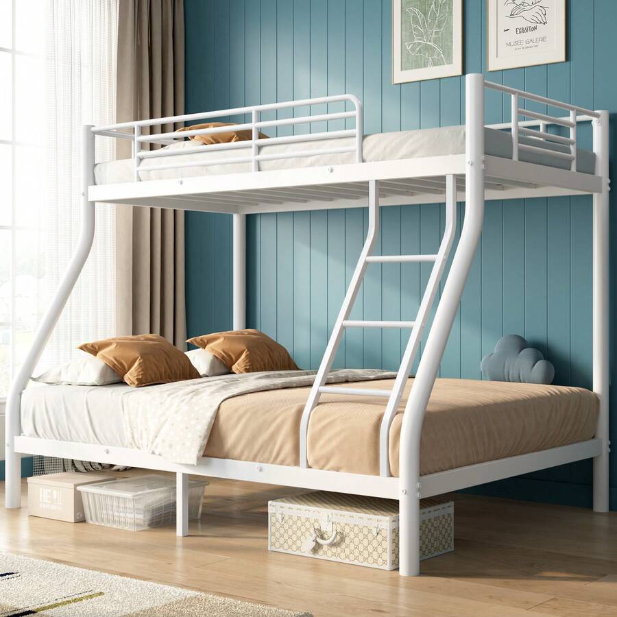 Bunk Bed Metal Bed Frame, Twin Over Full, Heavy Duty Sturdy Bed Frame With Ladder, Full Length Guardrails, Underbed Storage, White - 白色 - 查看 1