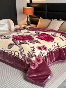 1pc Christmas Floral Pattern Blanket, Soft Double-Layer Raschel Throw Blanket, Long Plush Warm & Cozy For Bedroom, Living Room, Travel