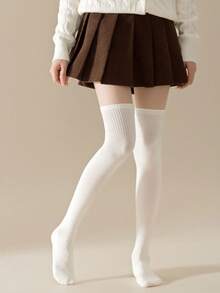 1双女士秋季过膝袜，高筒防滑修身纯色小腿袜，舒适袜子