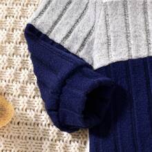 Infant Boys Blue Ribbed Patchwork Long Sleeve Pocket Embroidery Top & Blue Ribbed Pants Set - Blue - View 4